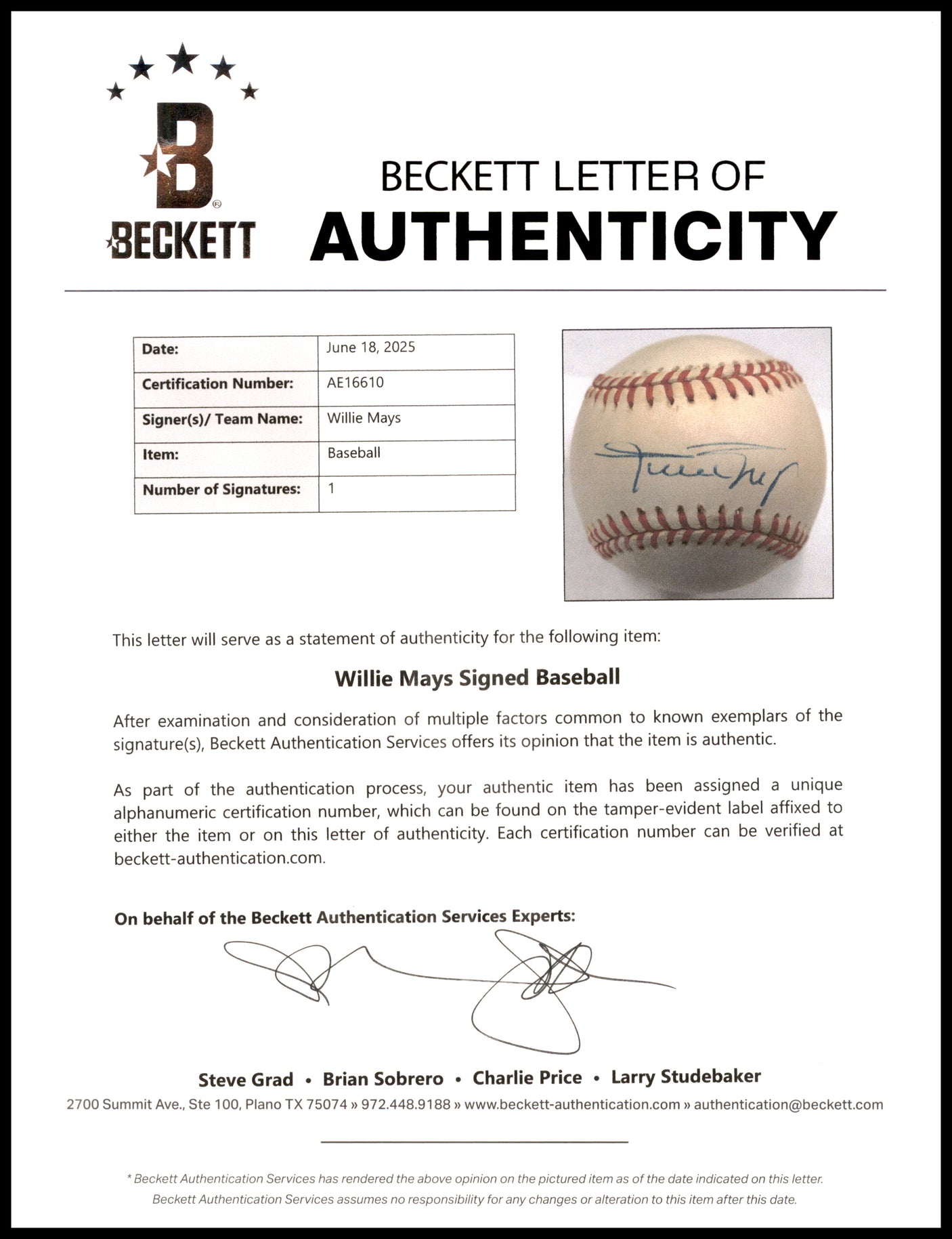 Willie Mays Autographed Official NL Baseball San Francisco Giants Beckett BAS #AE16610