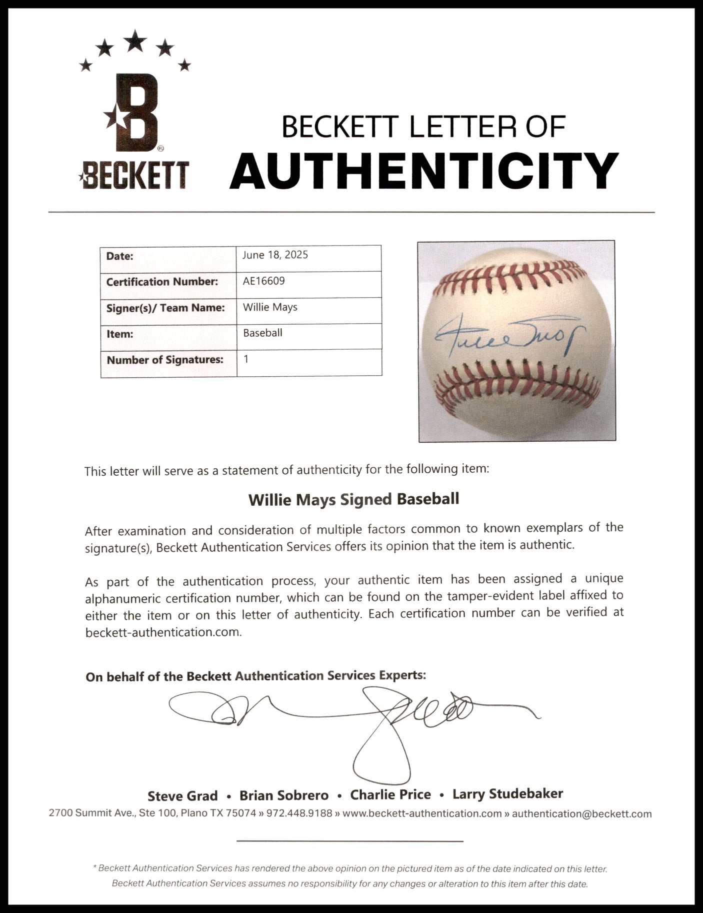 Willie Mays Autographed Official NL Baseball San Francisco Giants Beckett BAS #AE16609