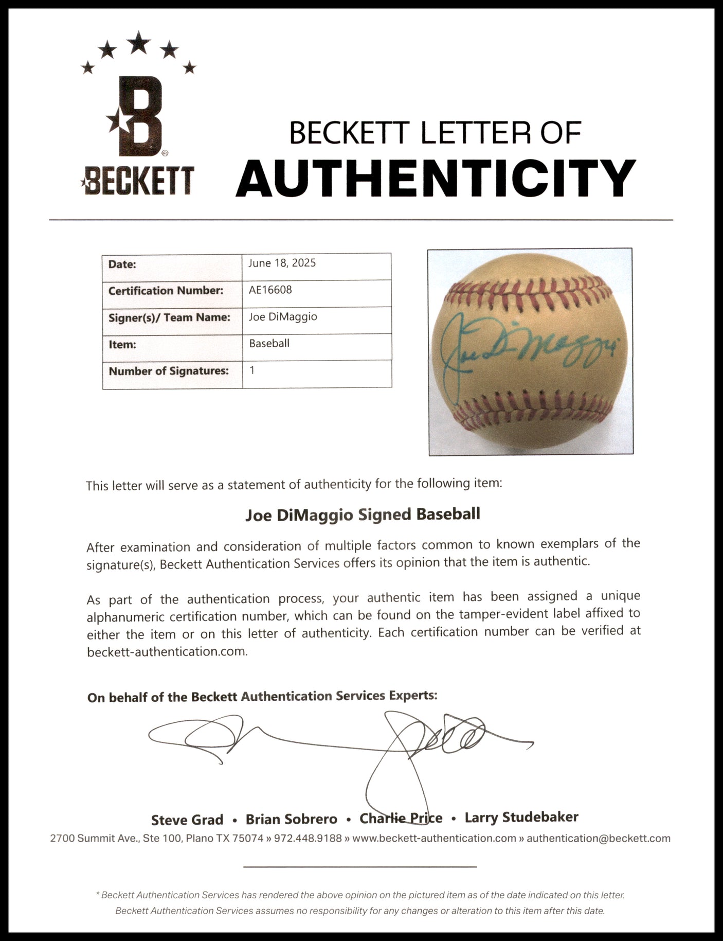 Joe DiMaggio Autographed Official AL Baseball New York Yankees Beckett BAS #AE16608