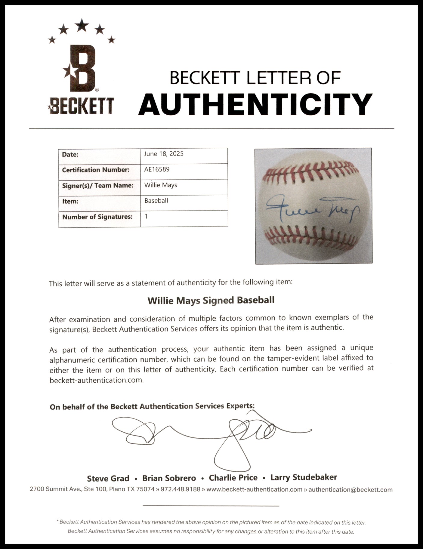 Willie Mays Autographed Official NL Baseball San Francisco Giants Beckett BAS #AE16589