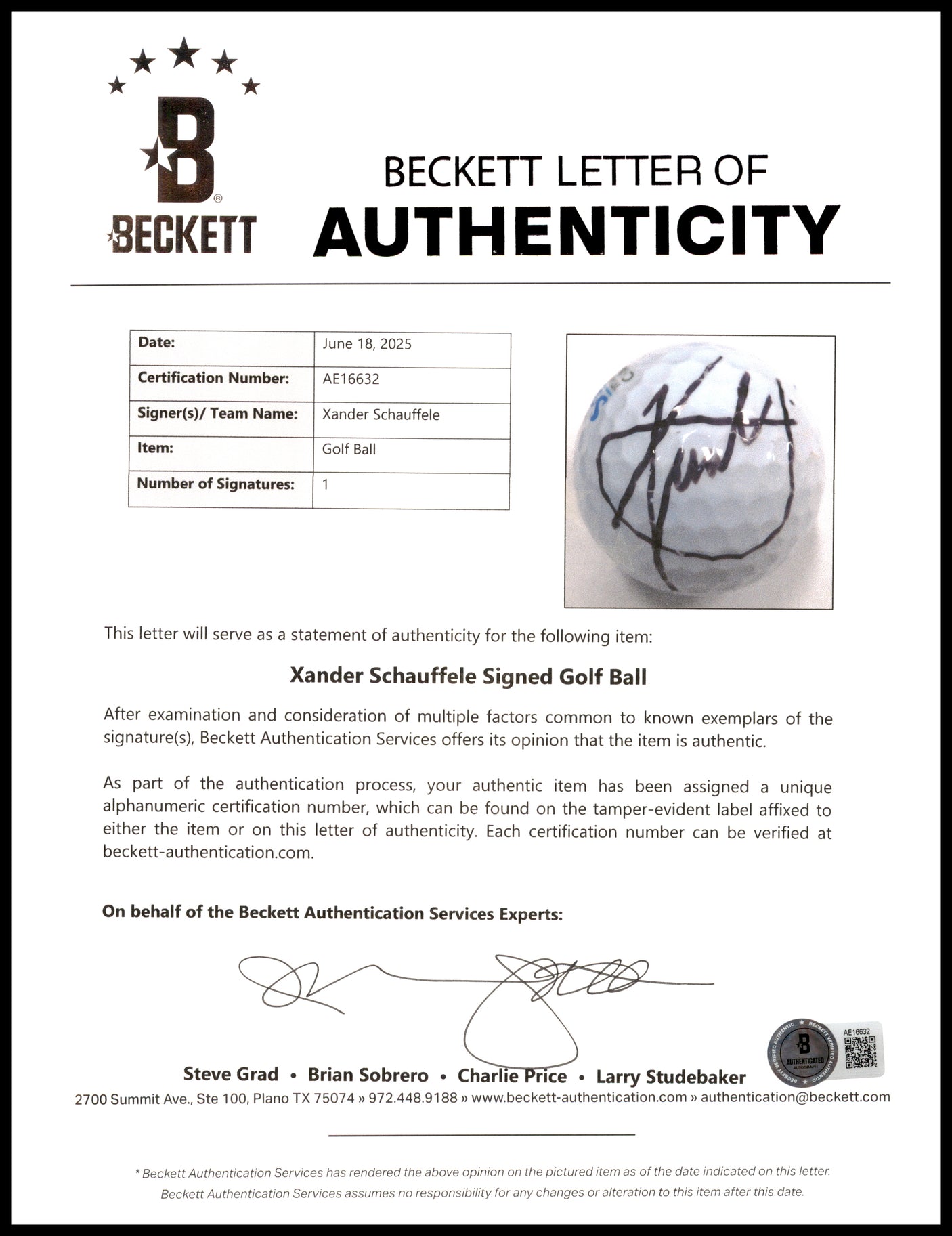 Xander Schauffele Autographed Pinnacle Sentry Golf Ball Beckett BAS #AE16632