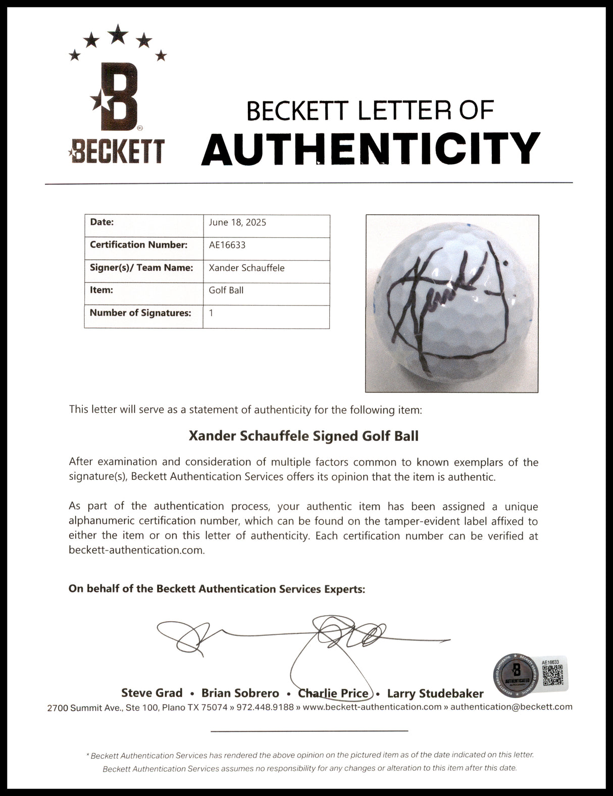 Xander Schauffele Autographed Pinnacle Sentry Golf Ball Beckett BAS #AE16633