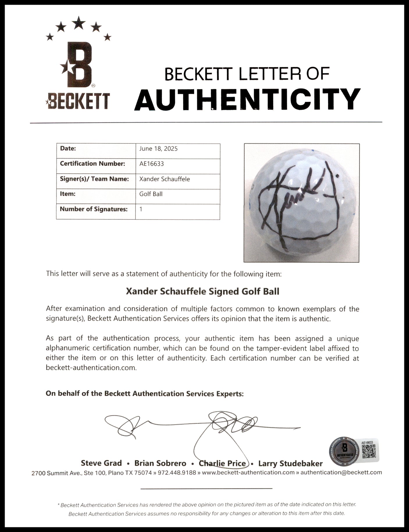 Xander Schauffele Autographed Pinnacle Sentry Golf Ball Beckett BAS #AE16633