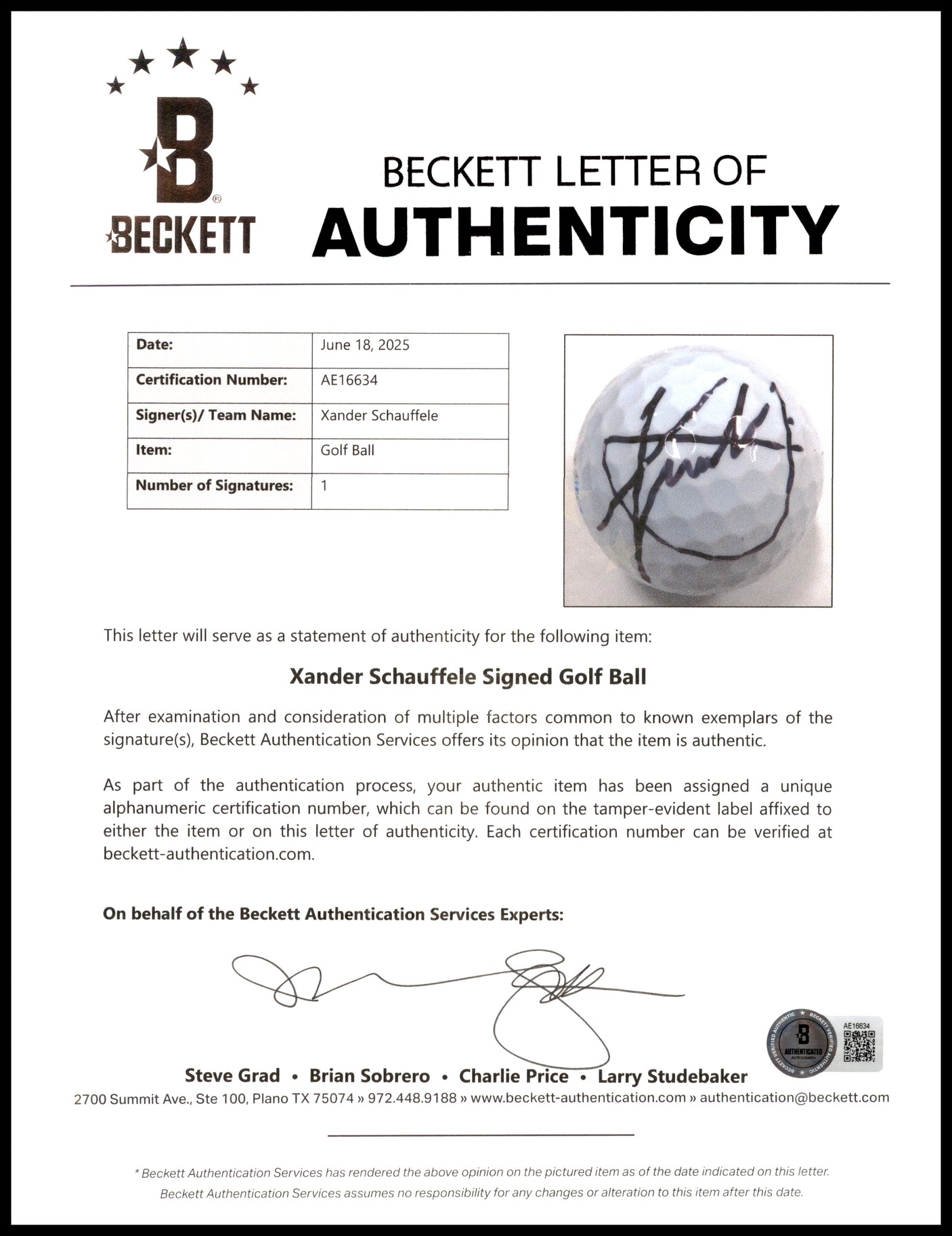 Xander Schauffele Autographed Pinnacle Sentry Golf Ball Beckett BAS #AE16634