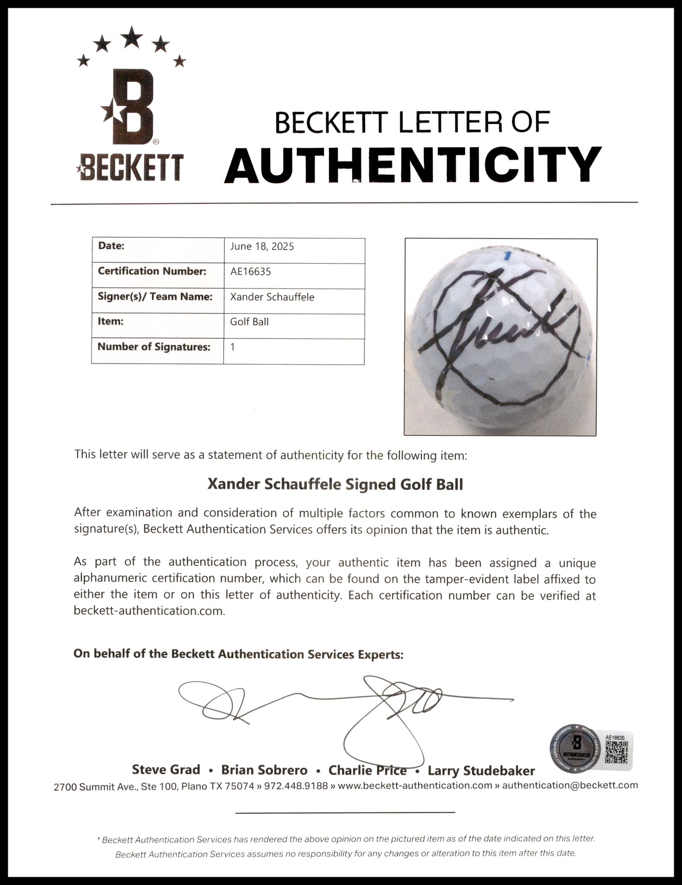 Xander Schauffele Autographed Pinnacle Sentry Golf Ball Beckett BAS #AE16635