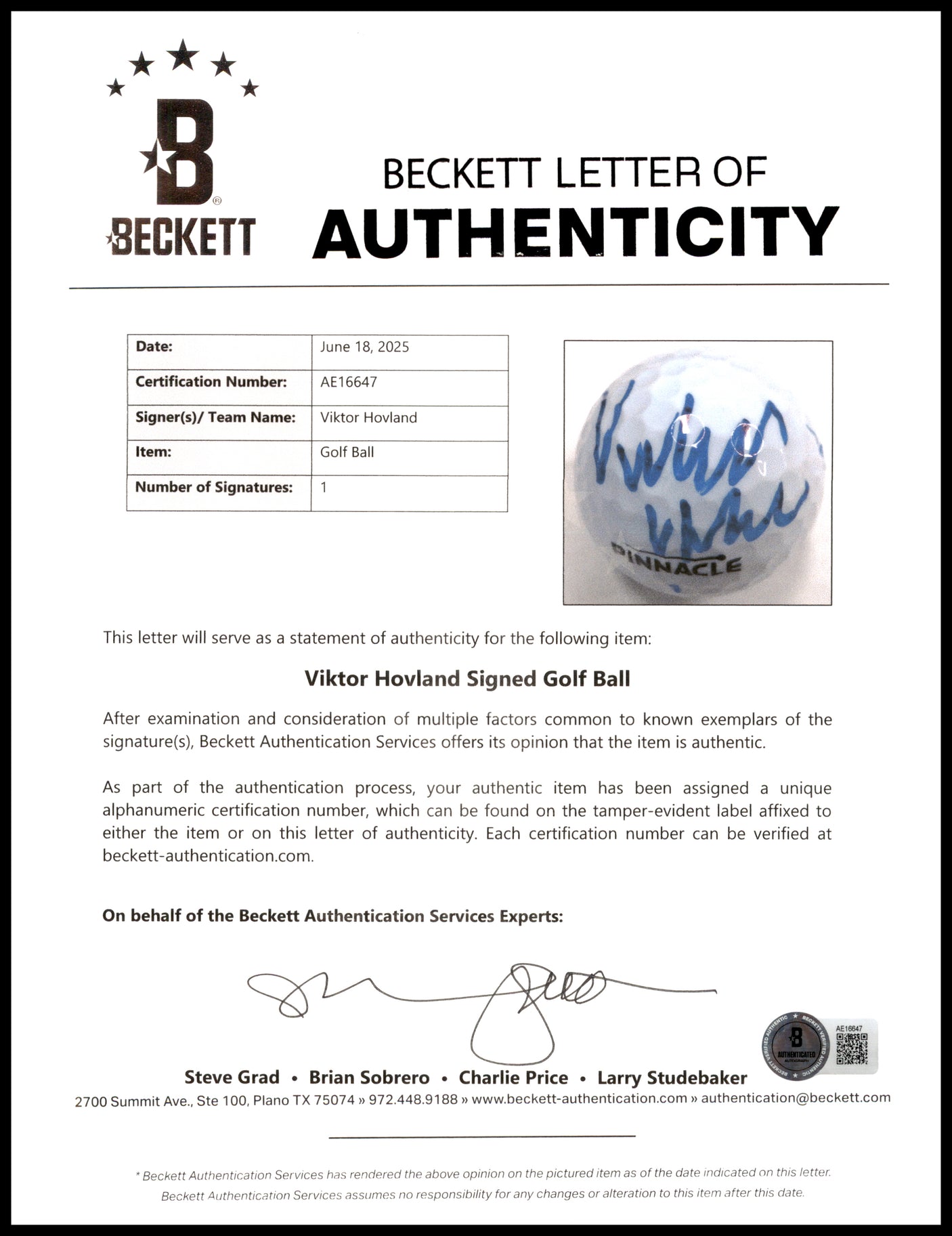 Viktor Hovland Autographed Pinnacle Sentry Golf Ball Beckett BAS #AE16647