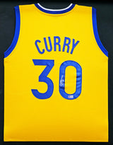 Golden State Warriors Stephen Curry Autographed Framed Yellow Jersey Beckett BAS Stock #266064