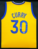Golden State Warriors Stephen Curry Autographed Framed Yellow Jersey Beckett BAS Stock #215856