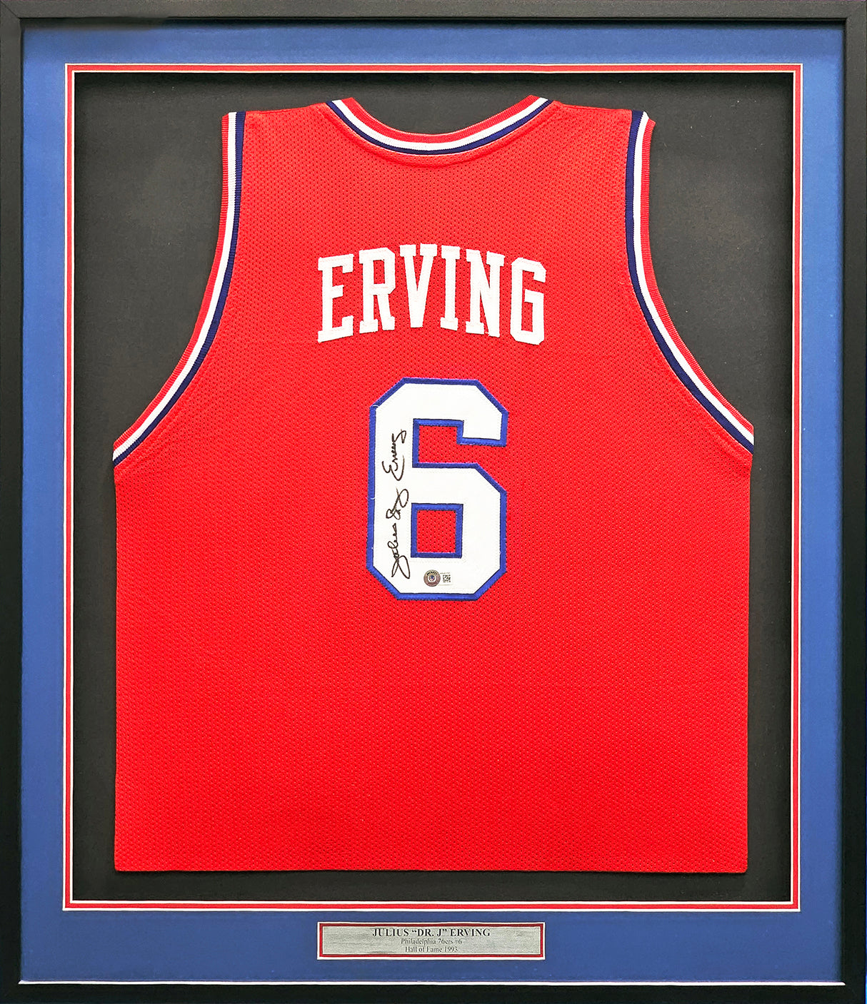 Philadelphia 76ers Julius "Dr. J" Erving Autographed Framed Red Jersey PSA/DNA Stock #215862