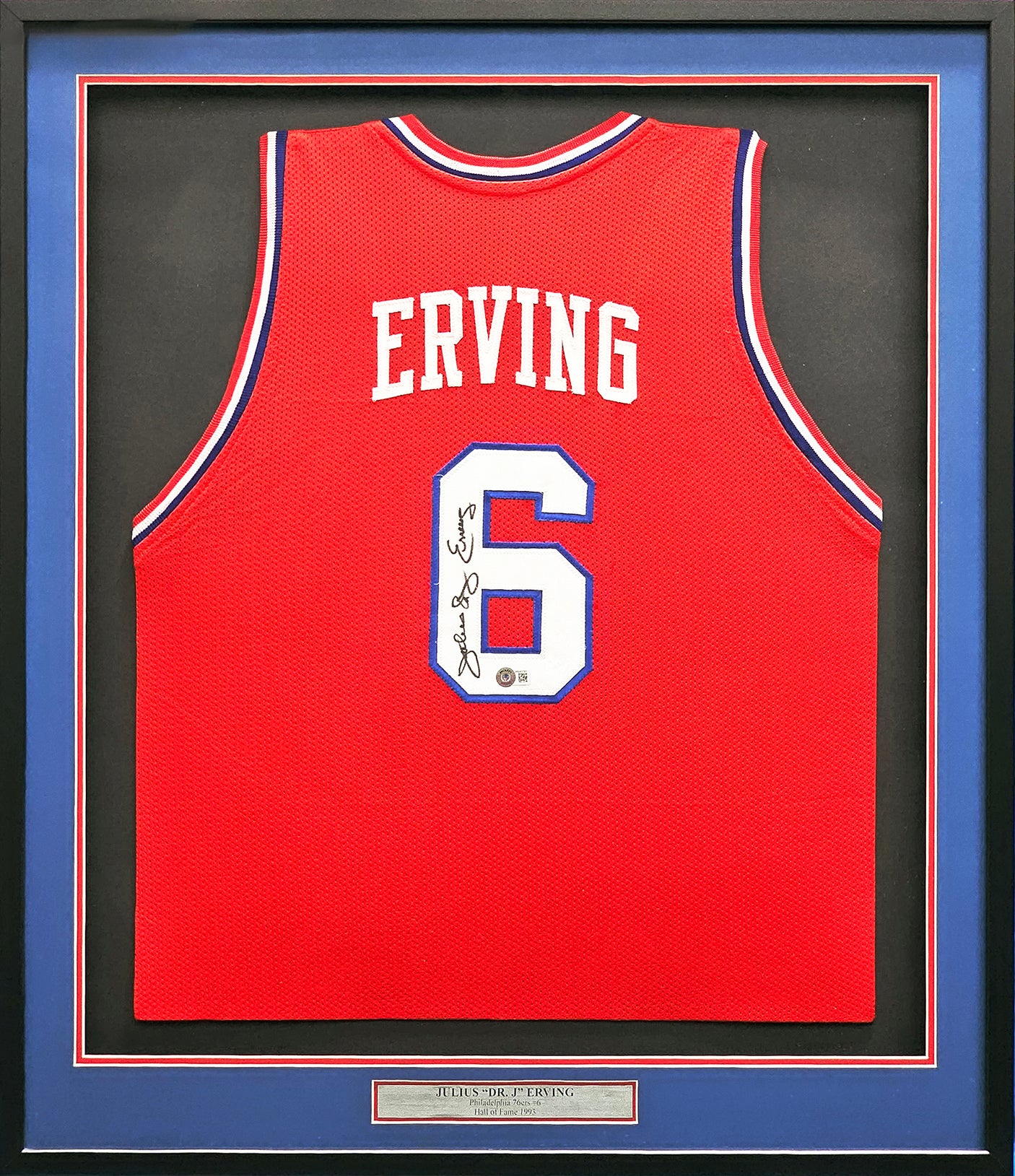 Philadelphia 76ers Julius "Dr. J" Erving Autographed Framed Red Jersey PSA/DNA Stock #215862