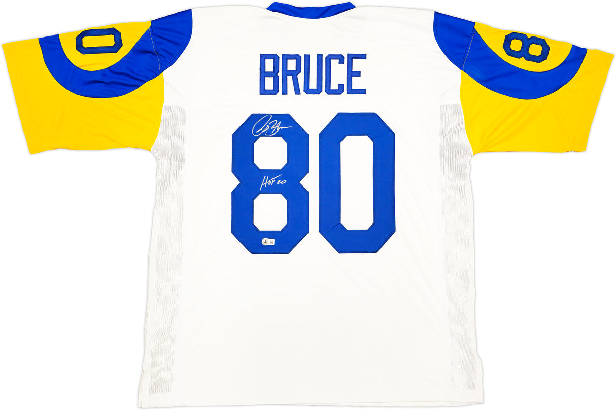 St. Louis Rams Isaac Bruce Autographed White Jersey "HOF 20" Beckett BAS Witness Stock #230163