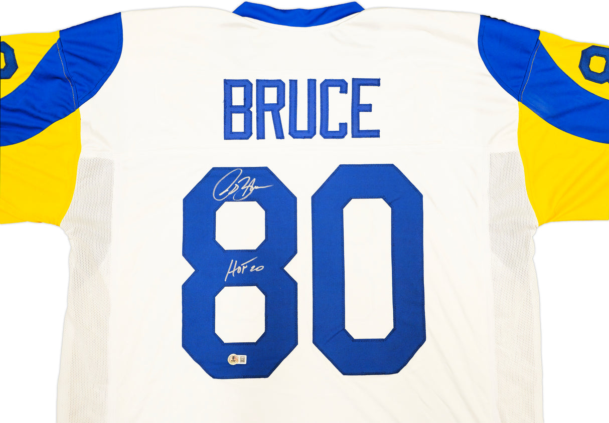 St. Louis Rams Isaac Bruce Autographed White Jersey "HOF 20" Beckett BAS Witness Stock #230163