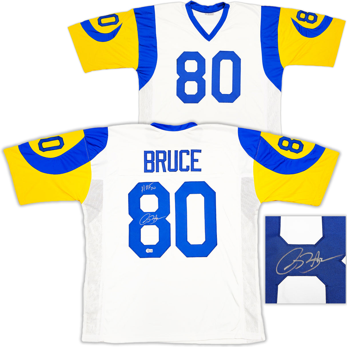 St. Louis Rams Isaac Bruce Autographed White Jersey "HOF 20" Beckett BAS Witness Stock #230164