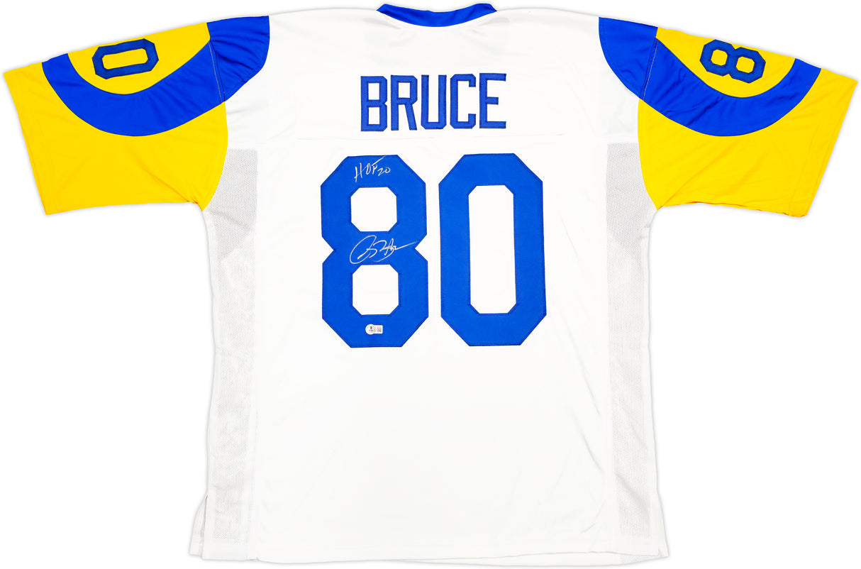St. Louis Rams Isaac Bruce Autographed White Jersey "HOF 20" Beckett BAS Witness Stock #230164
