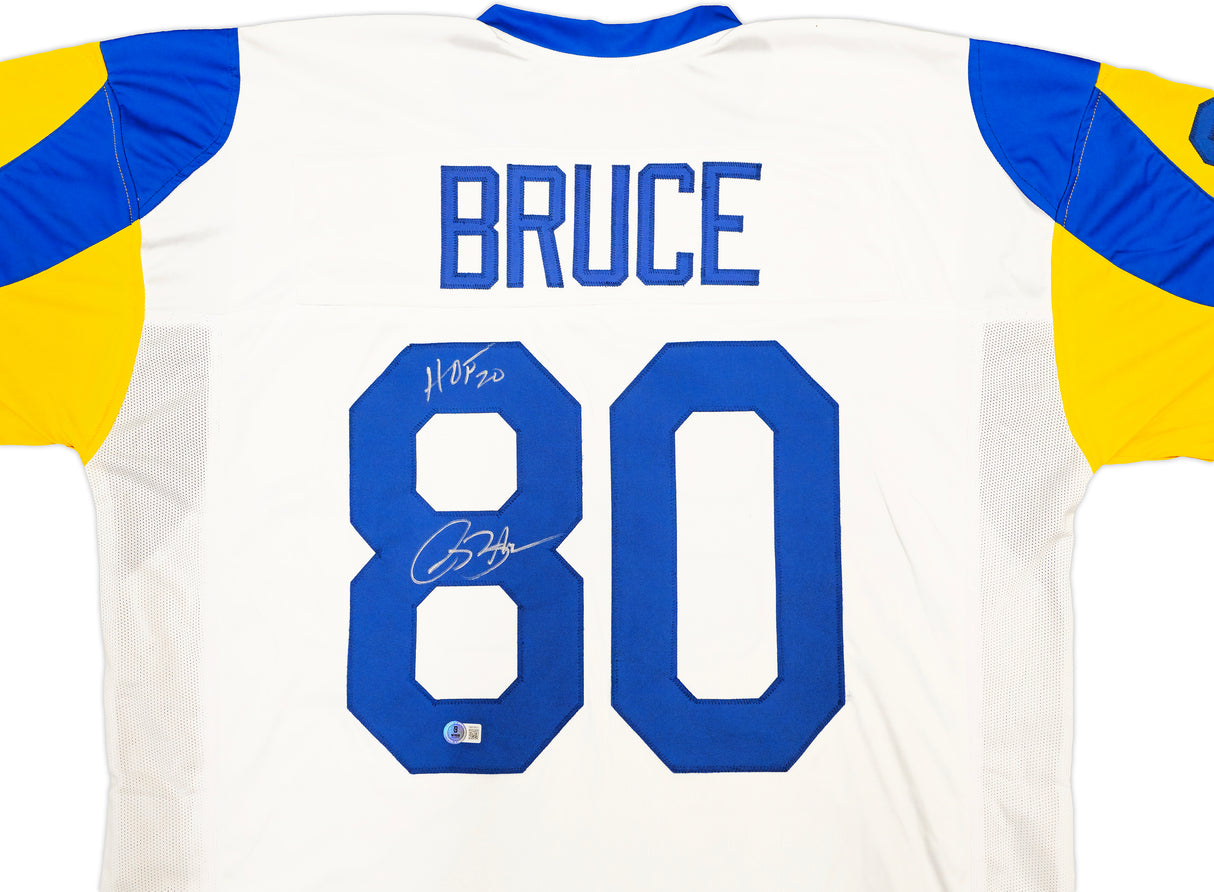 St. Louis Rams Isaac Bruce Autographed White Jersey "HOF 20" Beckett BAS Witness Stock #230164