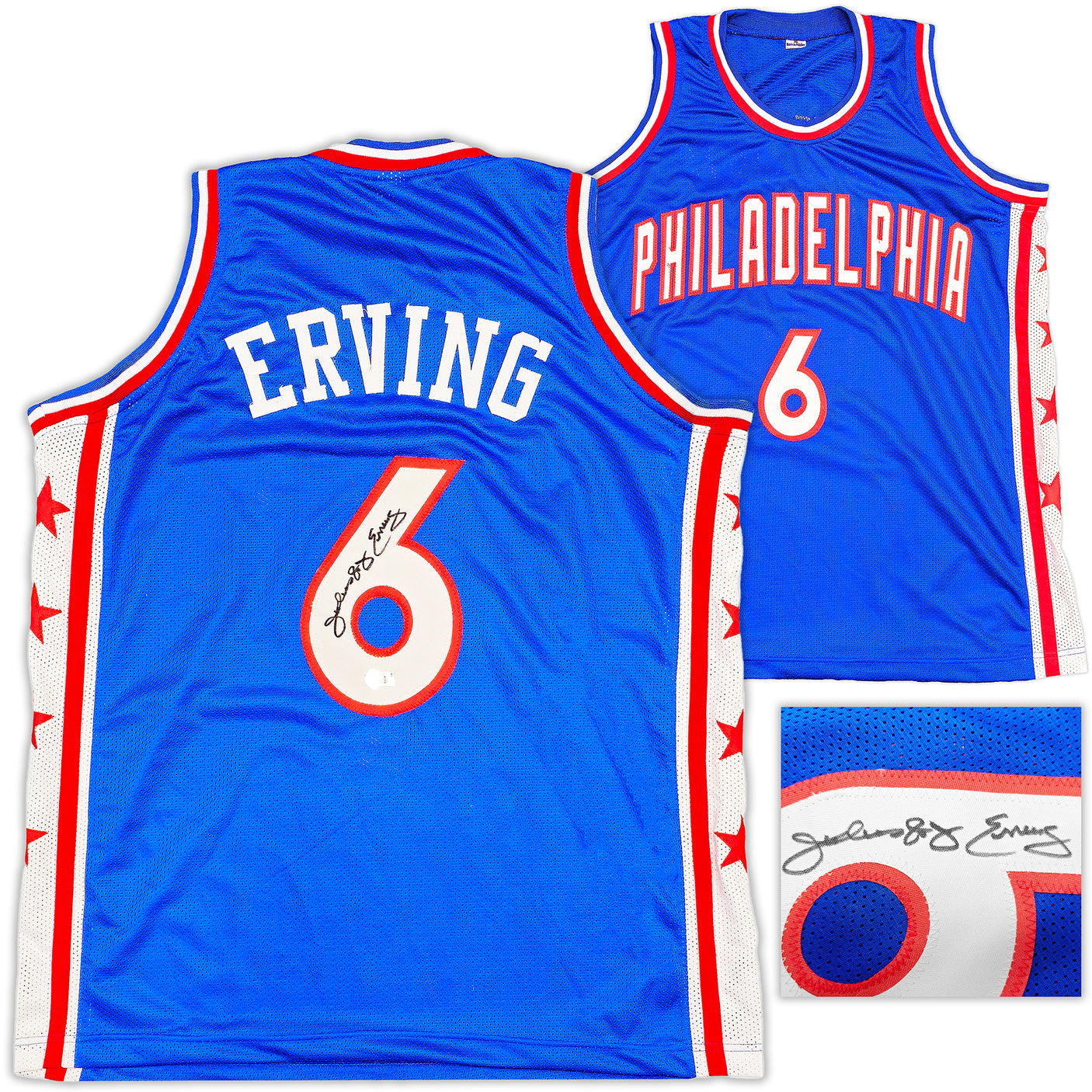 Philadelphia 76ers Julius "Dr. J" Erving Autographed Blue Jersey Beckett BAS Witness Stock #230291