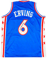 Philadelphia 76ers Julius "Dr. J" Erving Autographed Blue Jersey Beckett BAS Witness Stock #230291