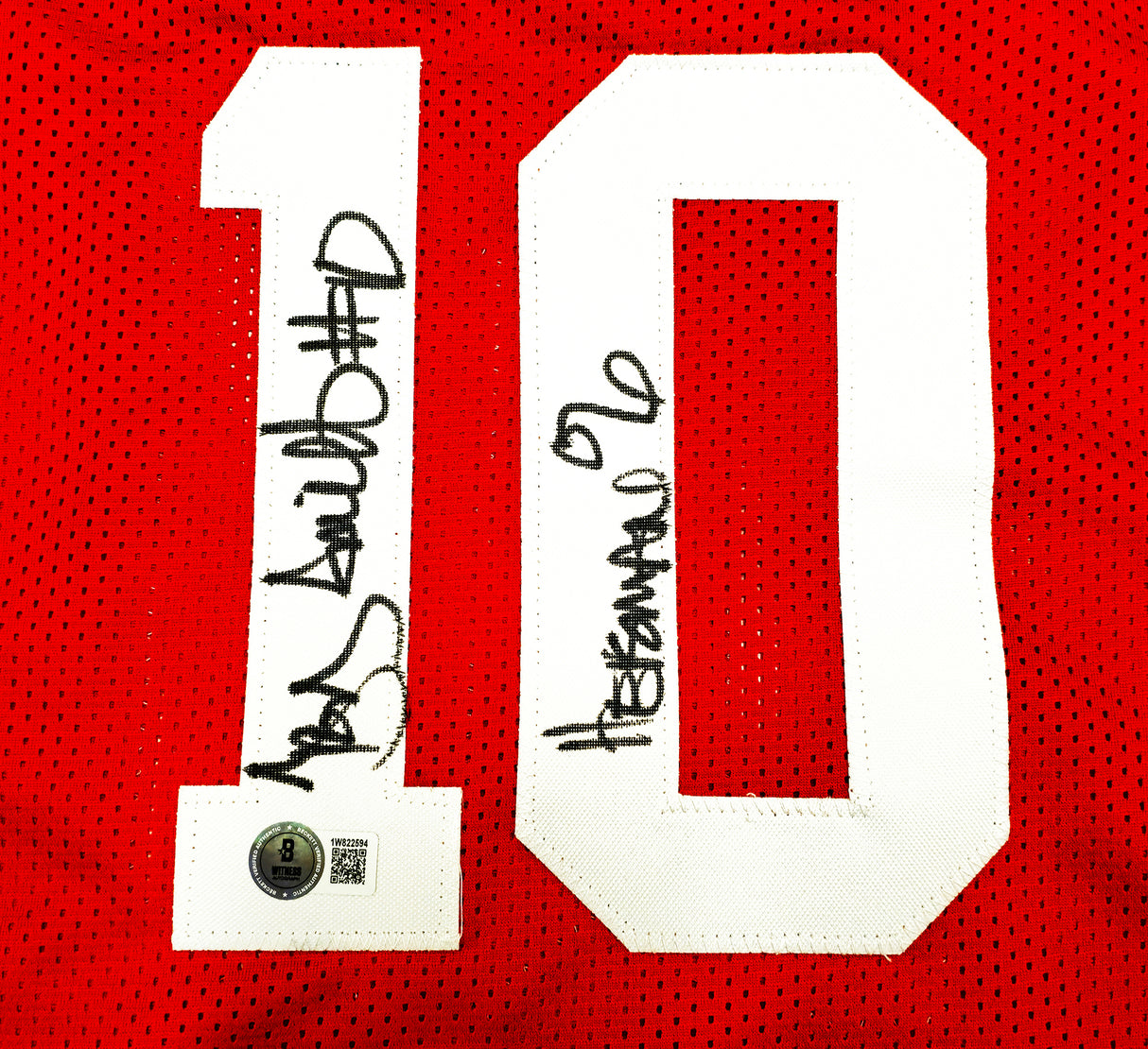 Ohio State Buckeyes Archie Griffin, Eddie George & Troy Smith Autographed Red Jersey Heisman Trophy Winners Beckett BAS Witness Stock #230170