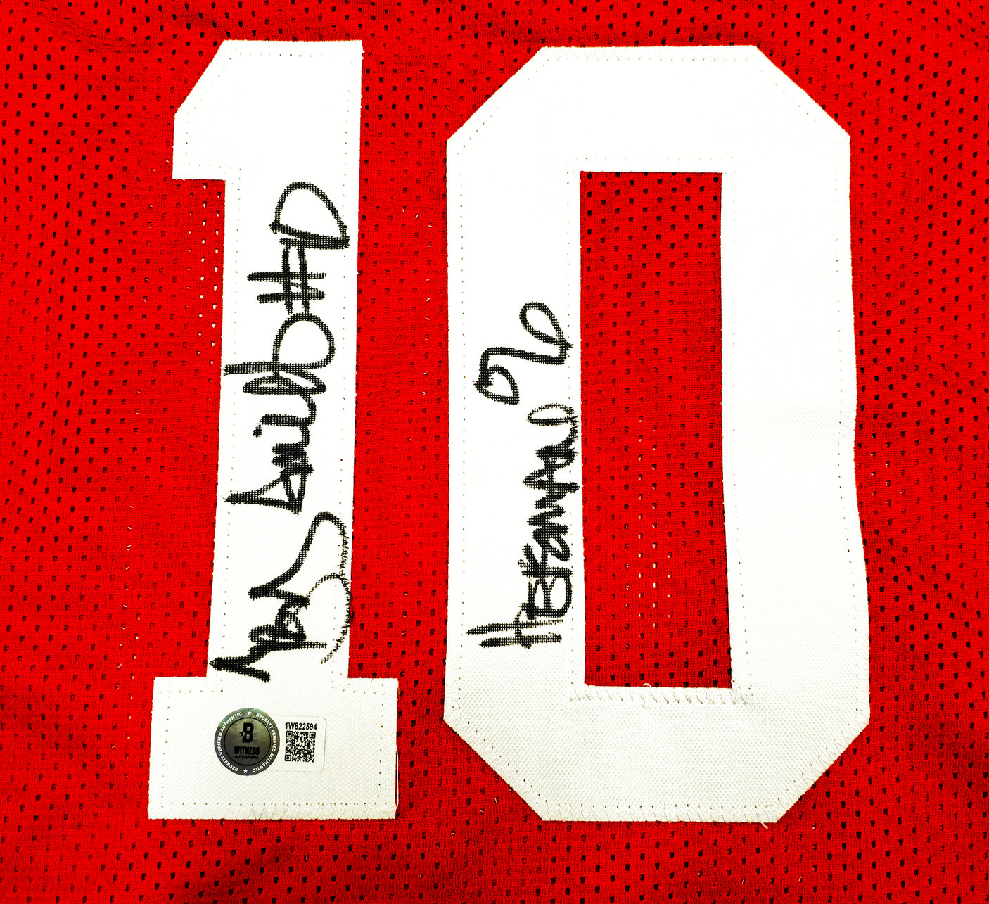 Ohio State Buckeyes Archie Griffin, Eddie George & Troy Smith Autographed Red Jersey Heisman Trophy Winners Beckett BAS Witness Stock #230170