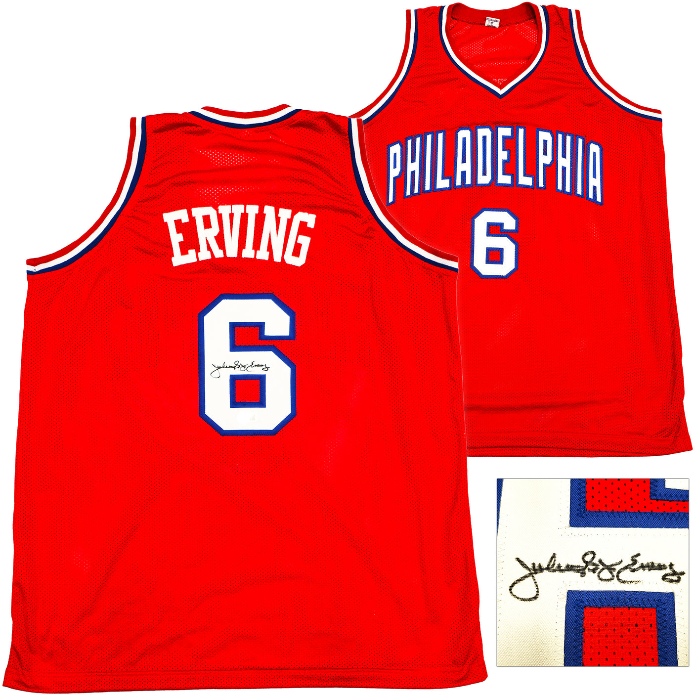 Philadelphia 76ers Julius "Dr. J" Erving Autographed Red Jersey Beckett BAS Witness Stock #230292