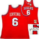 Philadelphia 76ers Julius "Dr. J" Erving Autographed Red Mitchell & Ness Hardwood Classics HWC Swingman 1982-83 Jersey Size XL "83 Champs" Beckett BAS Witness Stock #230252
