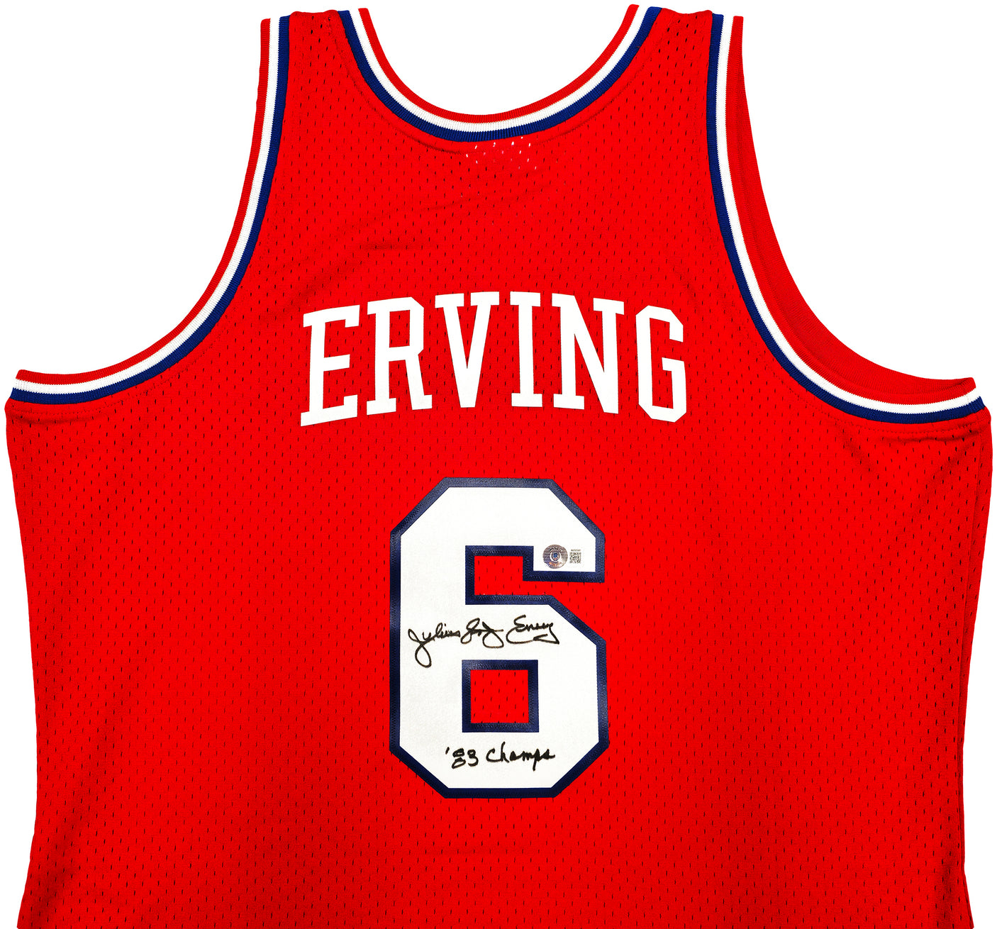 Philadelphia 76ers Julius "Dr. J" Erving Autographed Red Mitchell & Ness Hardwood Classics HWC Swingman 1982-83 Jersey Size XL "83 Champs" Beckett BAS Witness Stock #230252