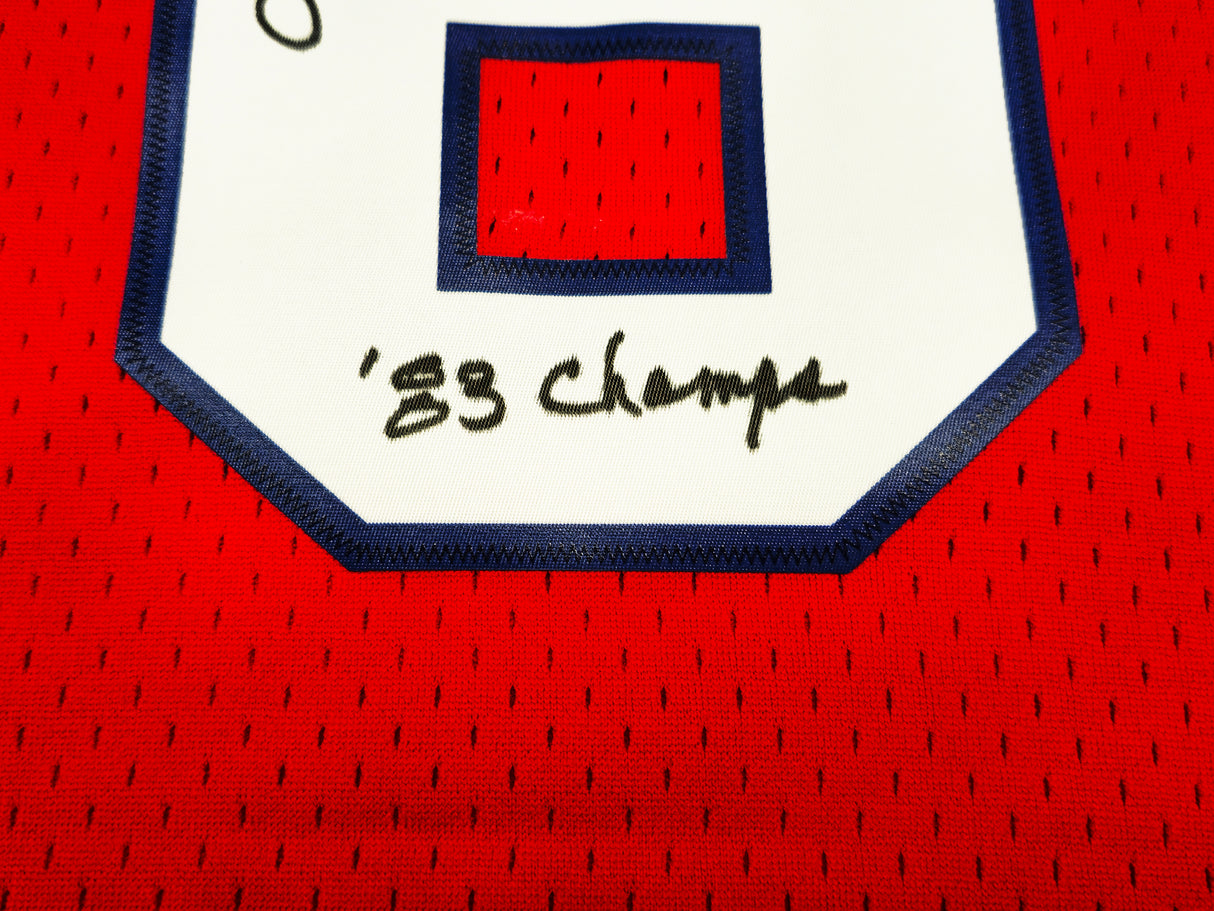 Philadelphia 76ers Julius "Dr. J" Erving Autographed Red Mitchell & Ness Hardwood Classics HWC Swingman 1982-83 Jersey Size XL "83 Champs" Beckett BAS Witness Stock #230252