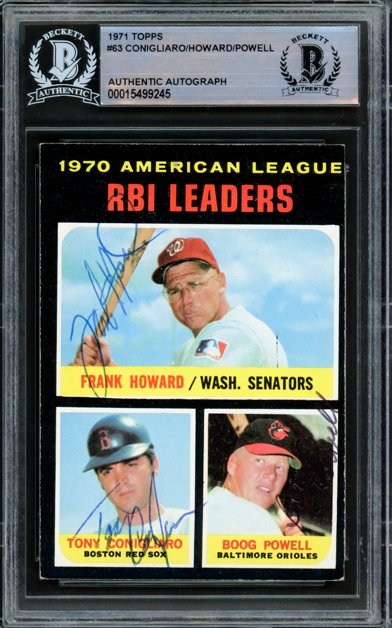 Tony Conigliaro, Frank Howard & Boog Powell Autographed 1971 Topps Card #63 Beckett BAS #15499245