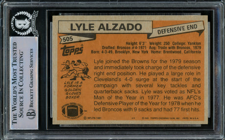 Lyle Alzado Autographed 1981 Topps Card #505 Cleveland Browns Beckett BAS #15499682