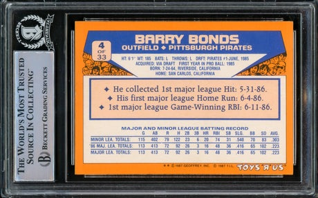 Barry Bonds Autographed 1987 Topps Toys R Us Rookie Card #4 Pittsburgh Pirates Beckett BAS #15499706
