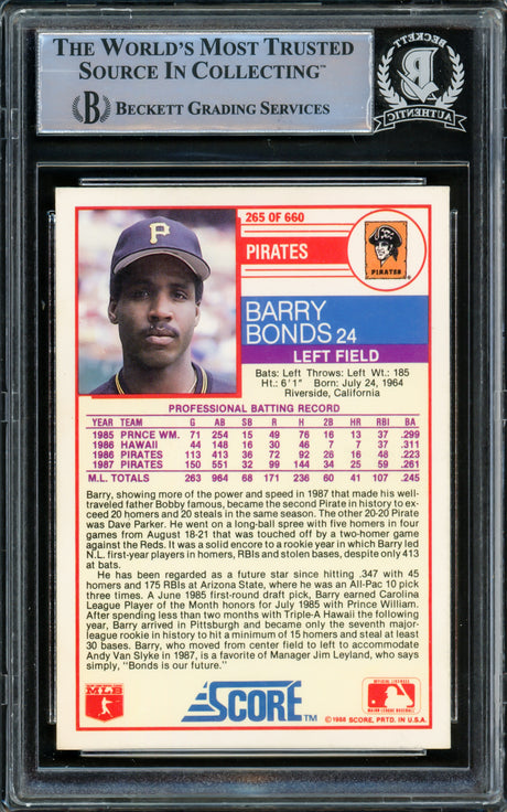 Barry Bonds Autographed 1988 Score Card #265 Pittsburgh Pirates Vintage Signature Beckett BAS #15499713