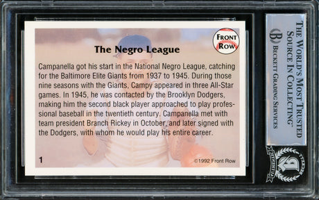 Roy Campanella Autographed 1992 Front Row Card #1 Brooklyn Dodgers Beckett BAS #15499730