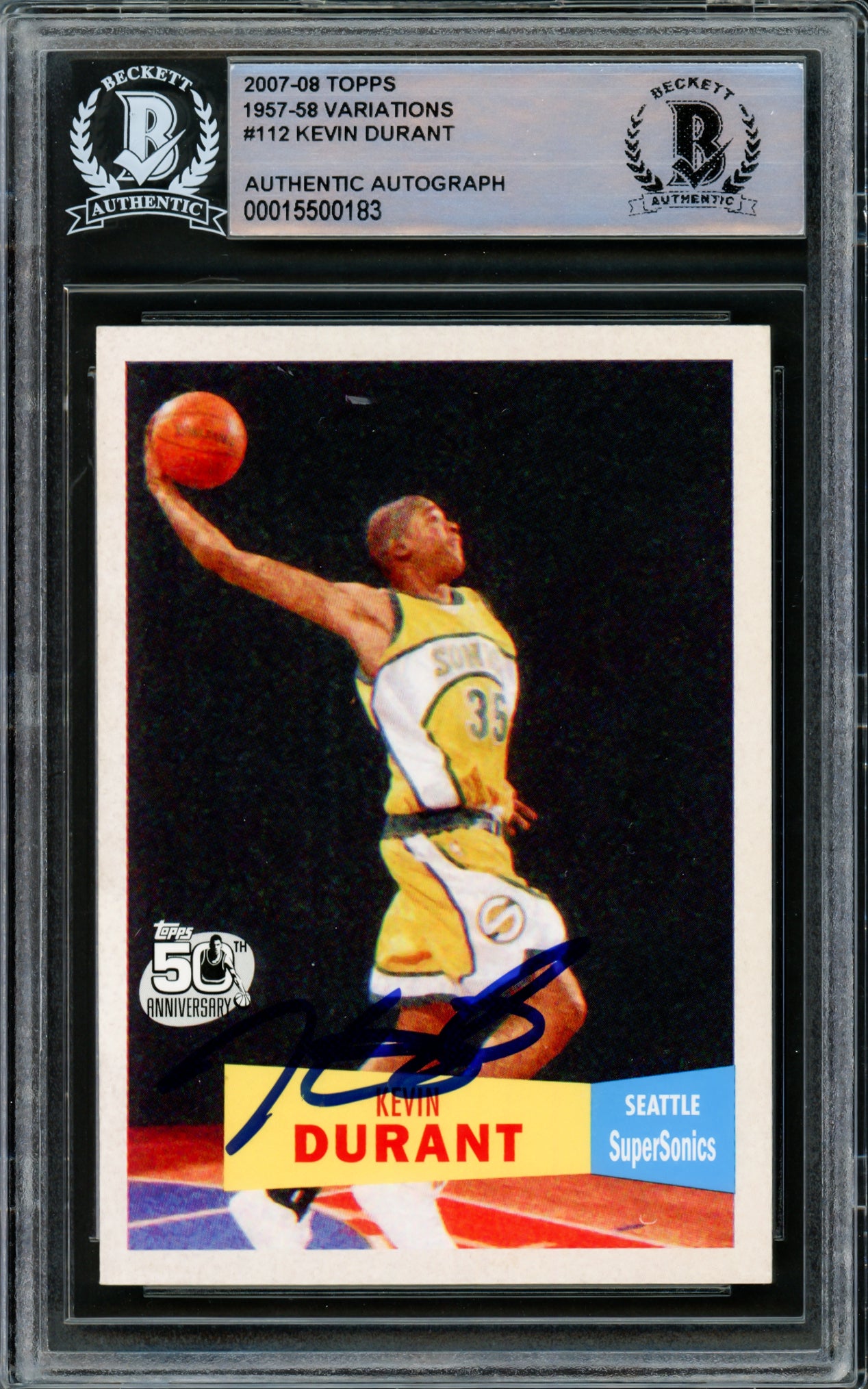 Kevin Durant Autographed 2007-08 Topps 1957-58 Variations Rookie Card #112 Seattle Sonics On Card Beckett BAS #15500183