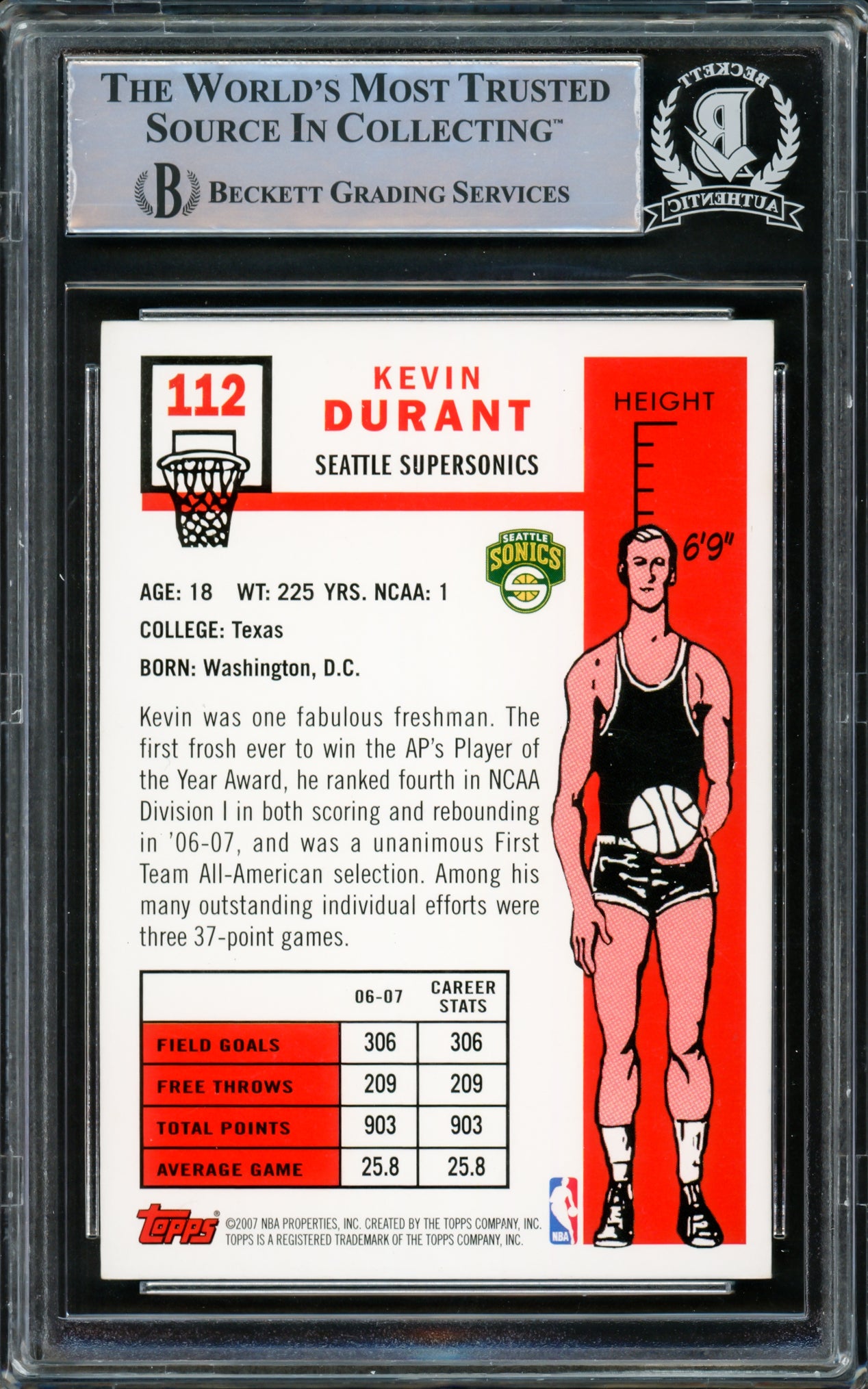 Kevin Durant Autographed 2007-08 Topps 1957-58 Variations Rookie Card #112 Seattle Sonics On Card Beckett BAS #15500183