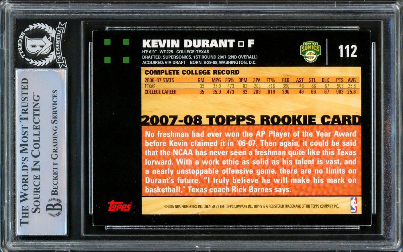 Kevin Durant Autographed 2007-08 Topps Rookie Card #112 Seattle Sonics On Card Beckett BAS #15500184