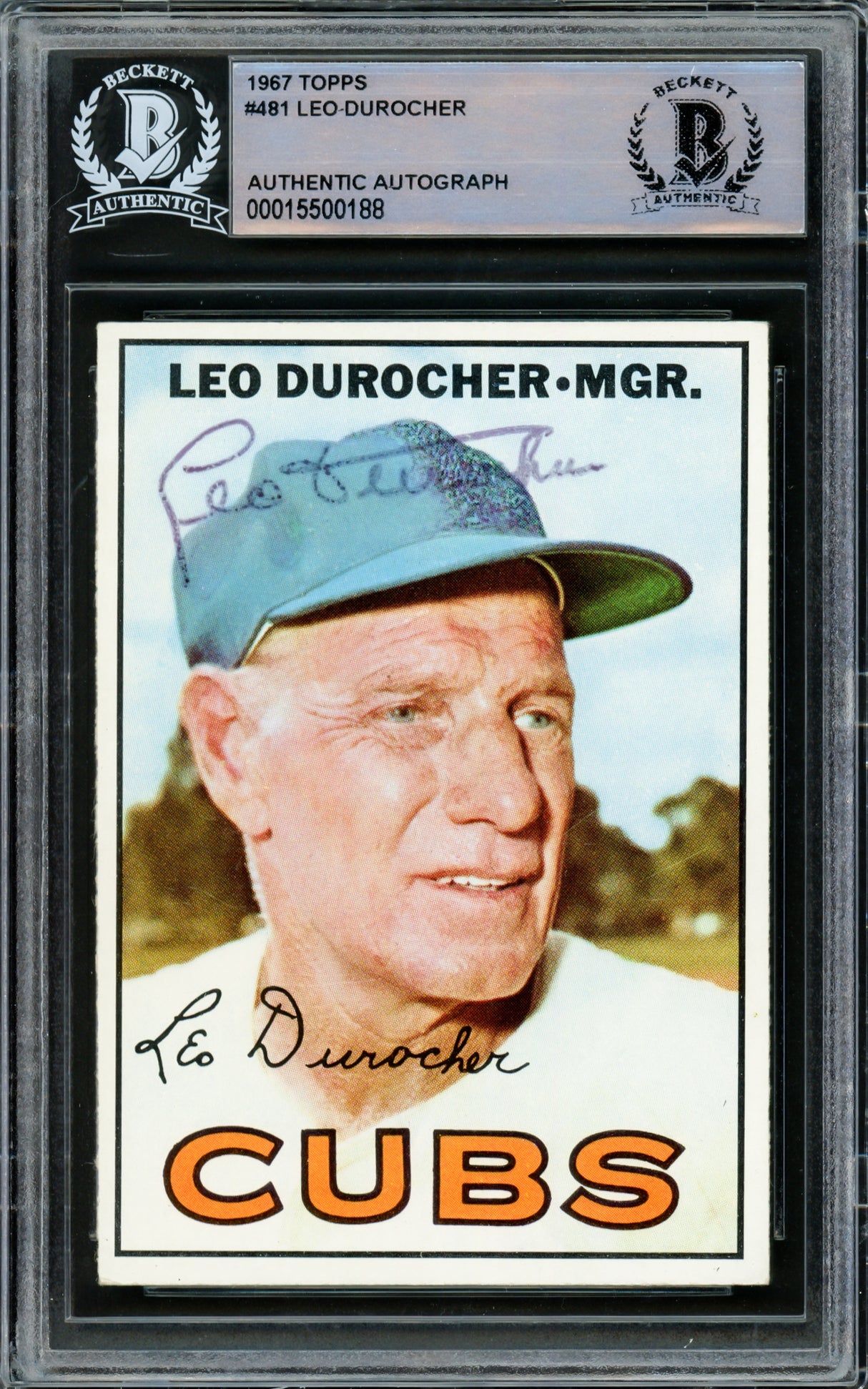 Leo Durocher Autographed 1967 Topps Card #481 Chicago Cubs Beckett BAS #15500188