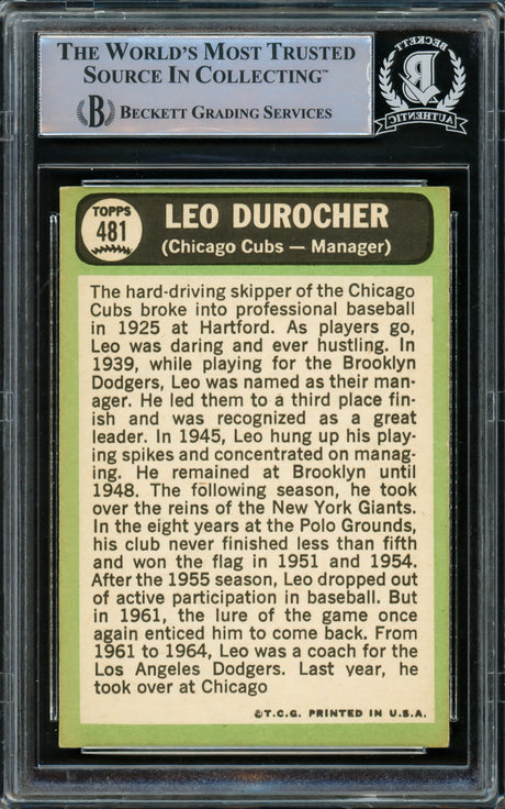 Leo Durocher Autographed 1967 Topps Card #481 Chicago Cubs Beckett BAS #15500188