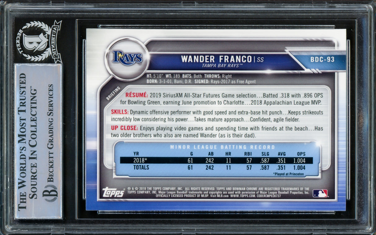 Wander Franco Autographed 2019 Bowman Chrome Draft Rookie Card #BDC-93 Tampa Bay Rays Beckett BAS #15500196