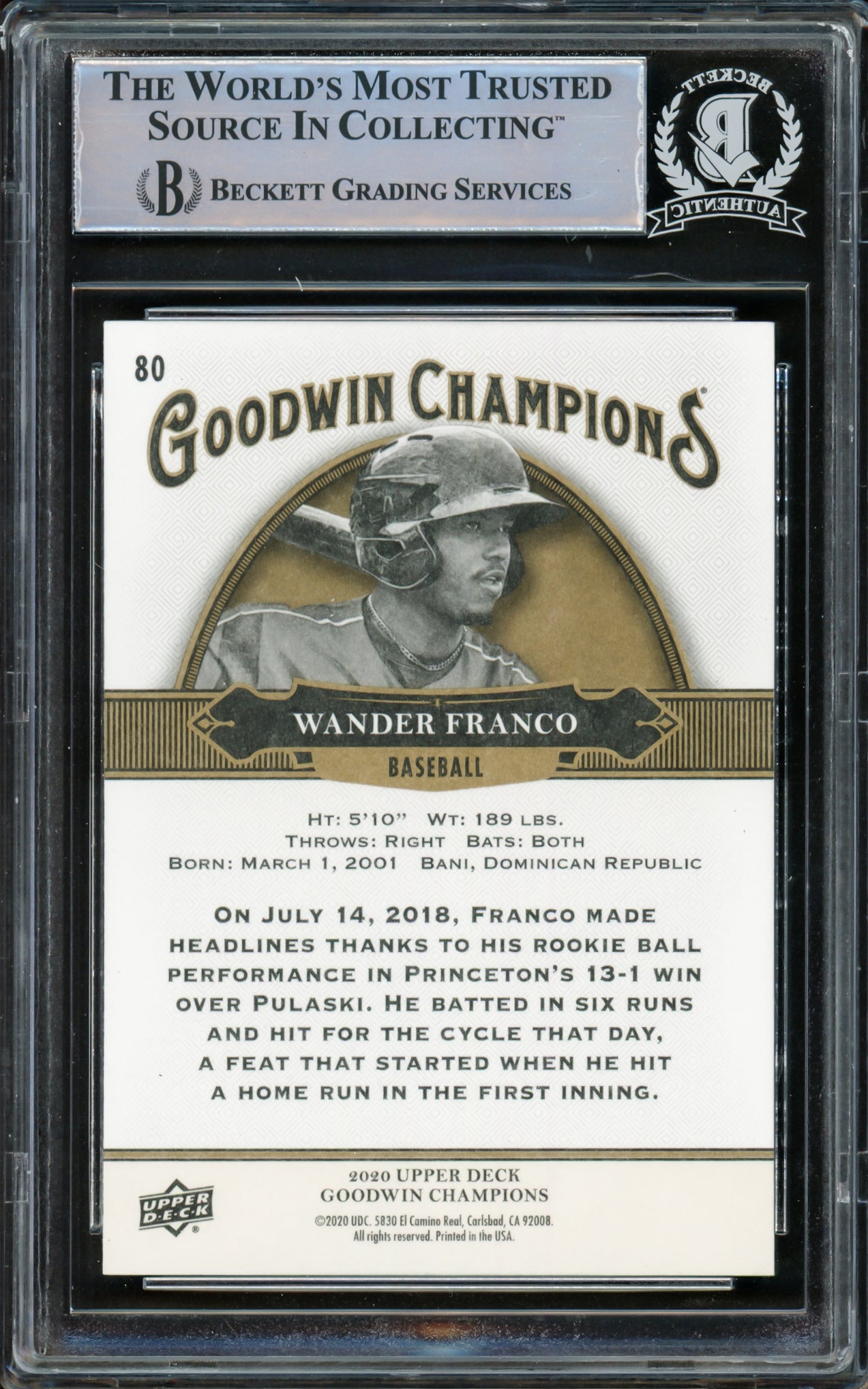 Wander Franco Autographed 2020 Upper Deck Goodwin Champions Rookie Card #80 Tampa Bay Rays Beckett BAS #15500197