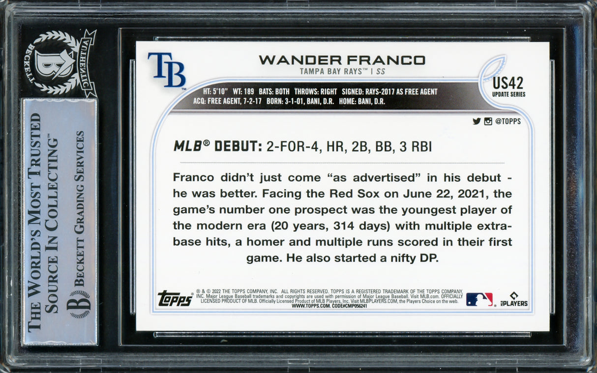 Wander Franco Autographed 2022 Topps Update Rookie Card #US42 Tampa Bay Rays Beckett BAS #15500199