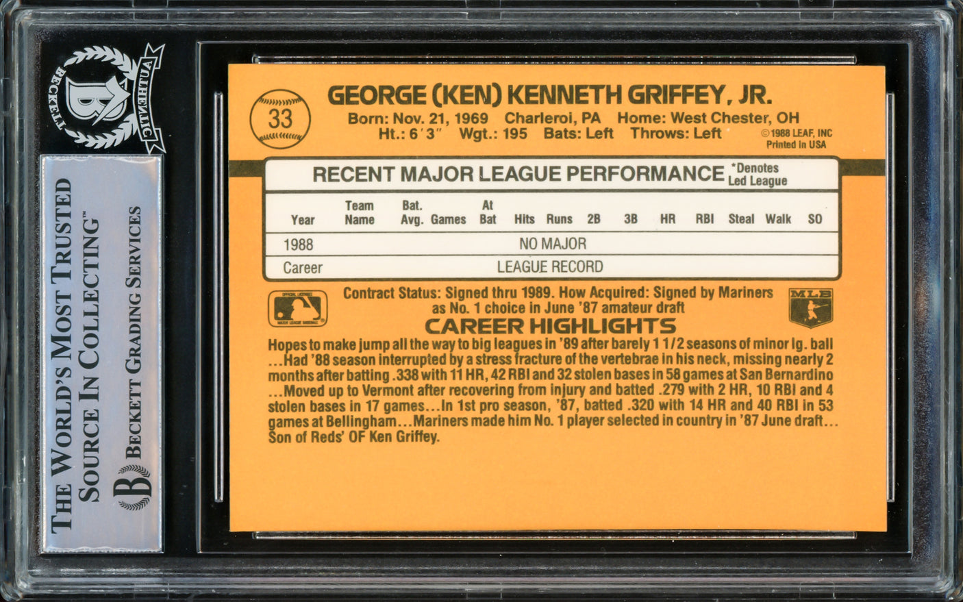 Ken Griffey Jr. Autographed 1989 Donruss Rookie Card #33 Seattle Mariners Vintage Rookie Signature Beckett BAS #15500365