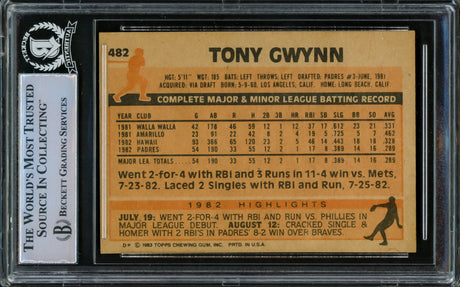 Tony Gwynn Autographed 1983 Topps Rookie Card #482 San Diego Padres Beckett BAS #15500378
