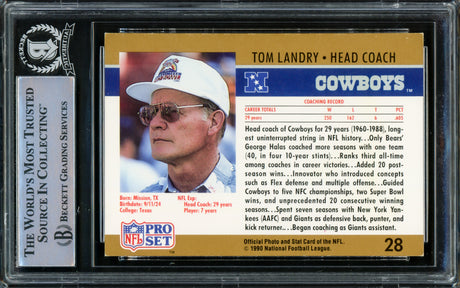 Tom Landry Autographed 1990 Pro Set Rookie Card #28 Dallas Cowboys Beckett BAS #15500398