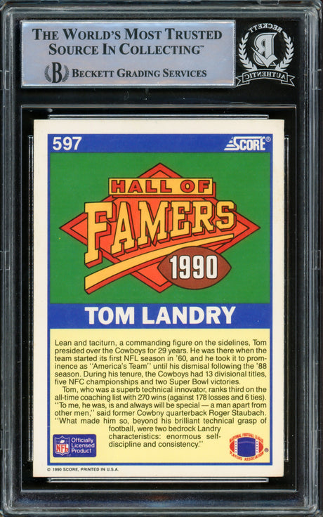 Tom Landry Autographed 1990 Score Rookie Card #597 Dallas Cowboys Beckett BAS #15500402