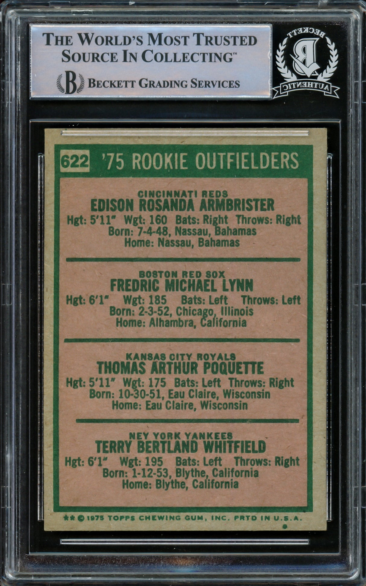 Fred Lynn Autographed 1975 Topps Rookie Card #622 Boston Red Sox Vintage Signature Beckett BAS #15500403