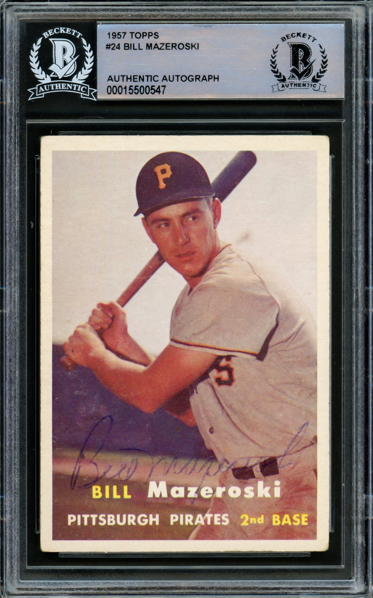 Bill Mazeroski Autographed 1957 Topps Rookie Card #24 Pittsburgh Pirates Vintage Signature Beckett BAS #15500547