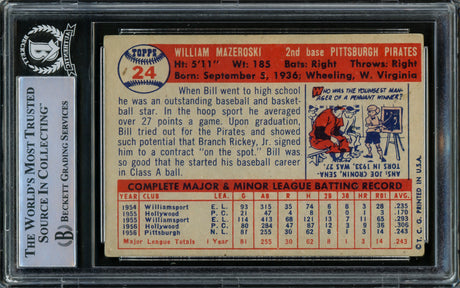 Bill Mazeroski Autographed 1957 Topps Rookie Card #24 Pittsburgh Pirates Vintage Signature Beckett BAS #15500547
