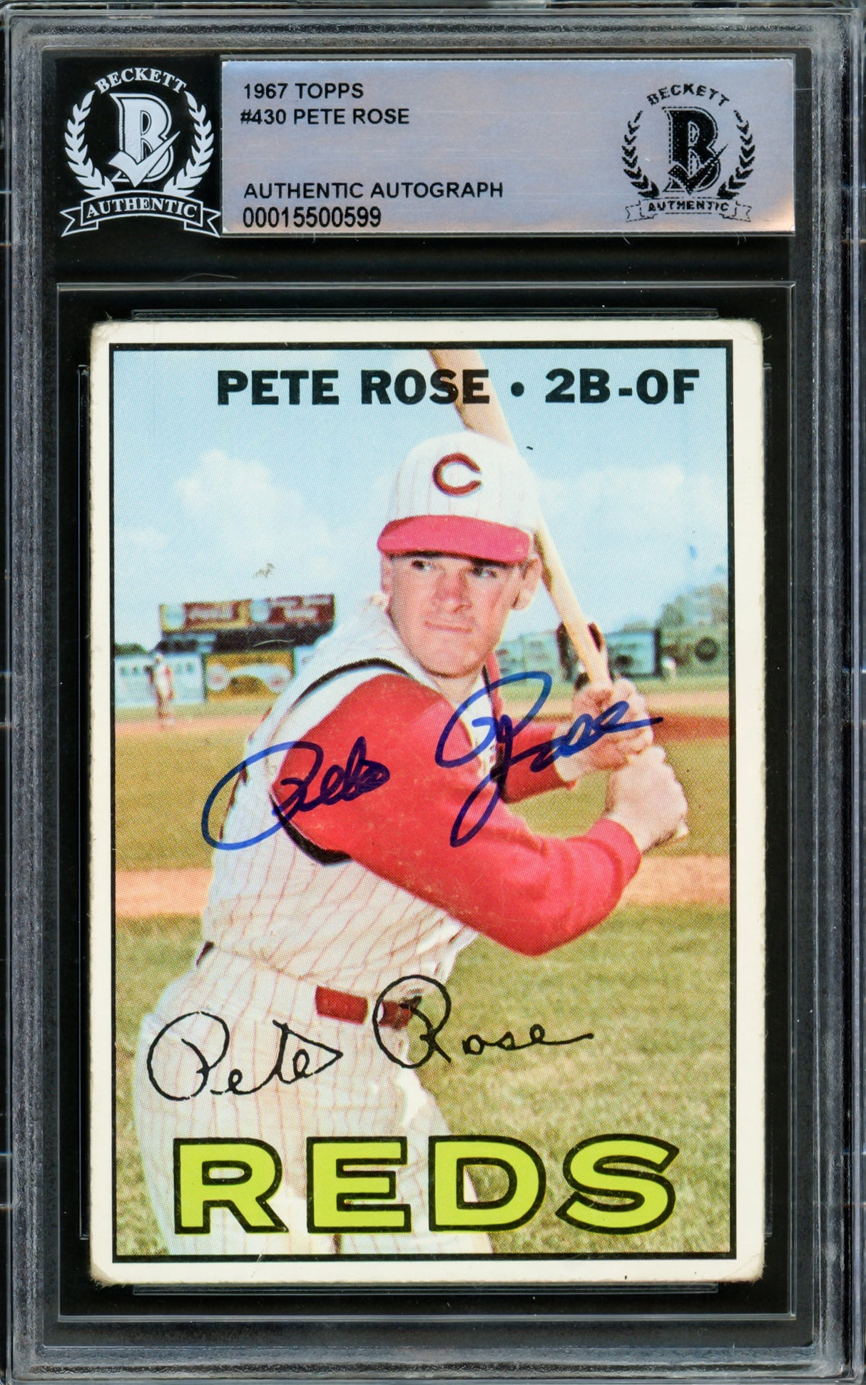 Pete Rose Autographed 1967 Topps Card #430 Cincinnati Reds Beckett BAS #15500599