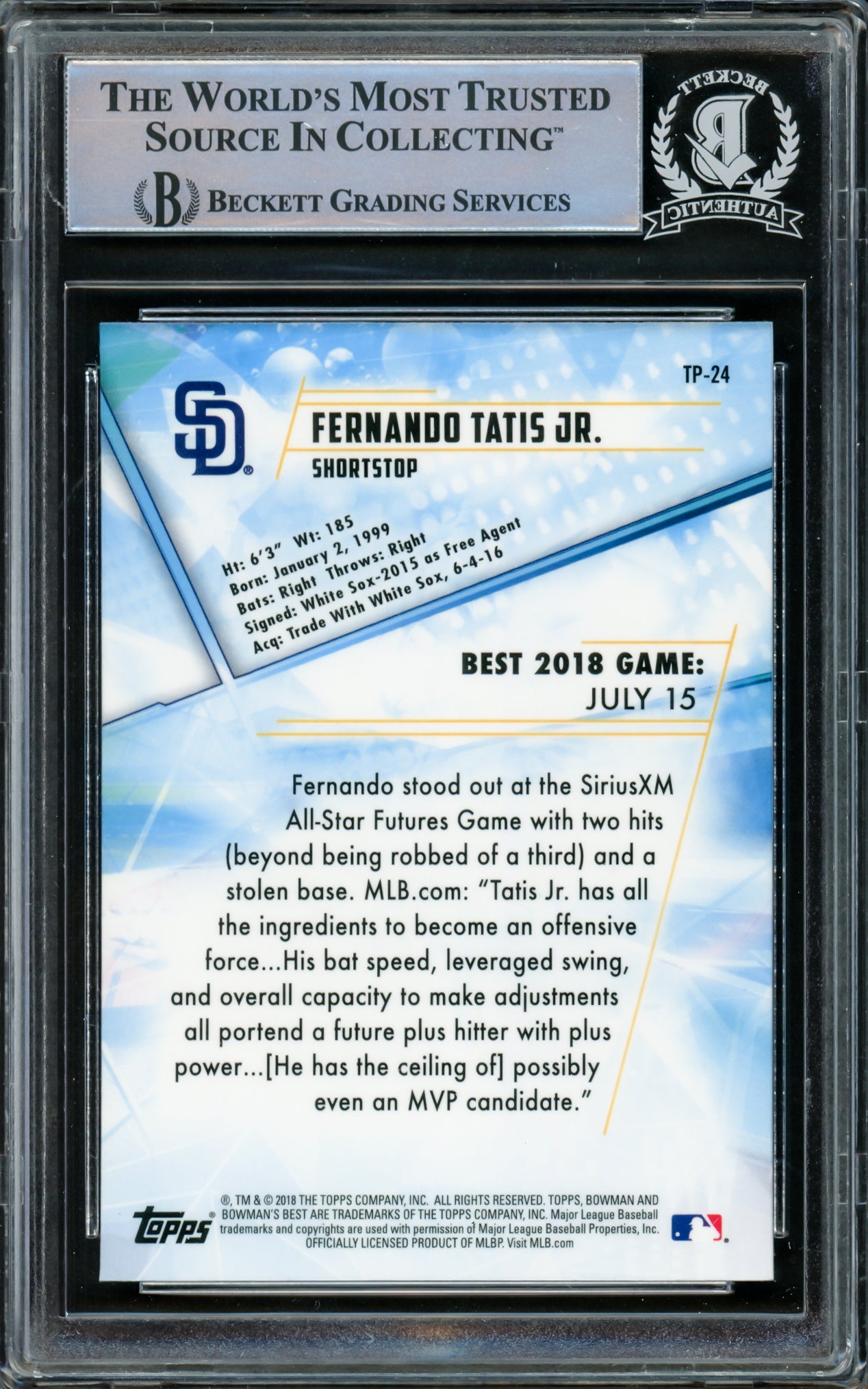 Fernando Tatis Jr. Autographed 2018 Bowman's Best Top Prospect Rookie Card #TP-24 San Diego Padres Beckett BAS #15500717