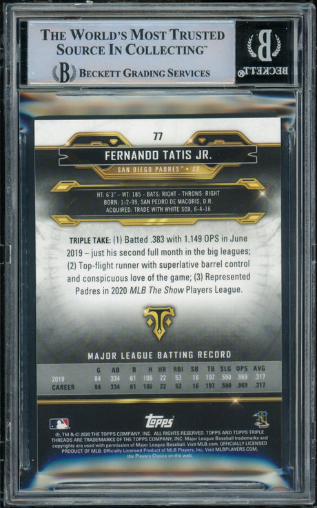 Fernando Tatis Jr. Autographed 2020 Topps Triple Threads Card #77 San Diego Padres Beckett BAS #15500720